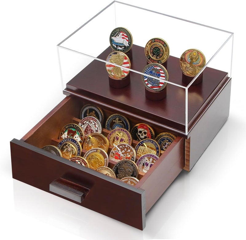 ULTRGEE Challenge Coin Display Case, Military Coin Collection Holder with Wooden Coin Box, Drawers, and Clear Acrylic Lid – Gifts for Coins Collectors (5 Pillars) - Image 1